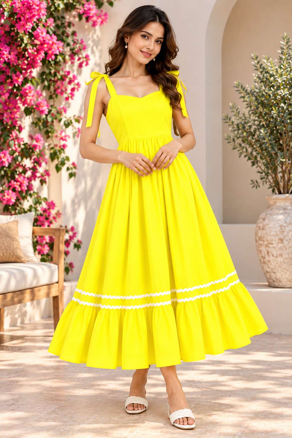 Women Yellow Solid Tie Strap Tiered Fit & Flare Maxi Dress with Contrast Trim