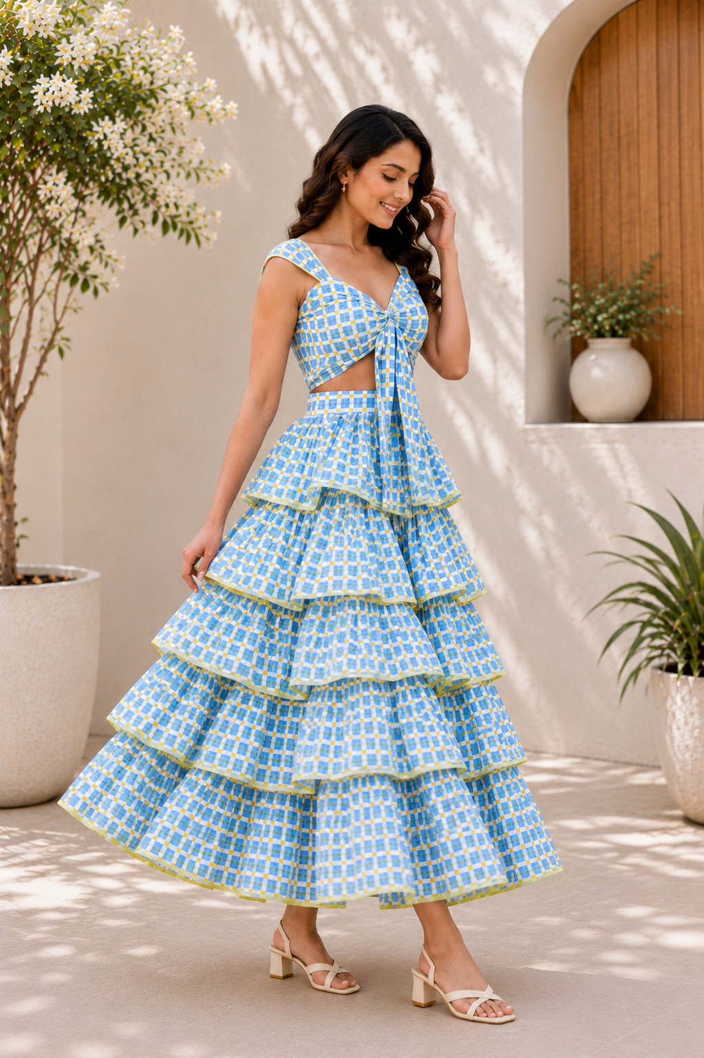 Women Blue & White Checked Tiered Maxi Skirt Set with Tie-Up Crop Top