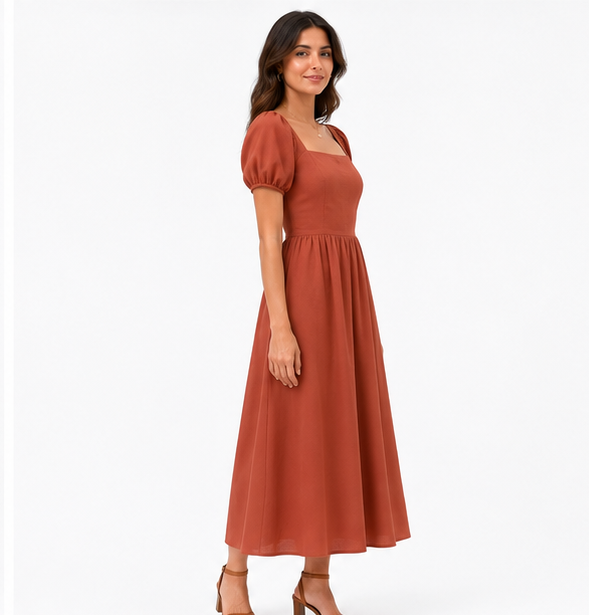 Women Rust Brown Solid Square Neck Puff Sleeve Midi Dress