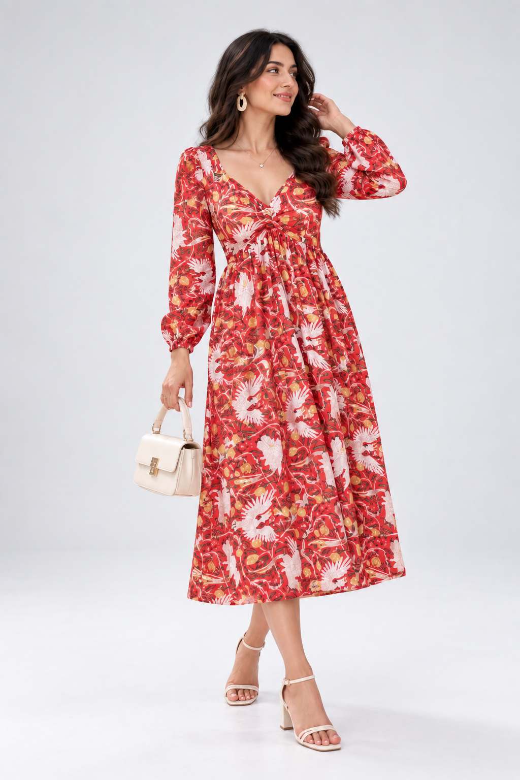 Women Red Floral Printed Midi Dress with V-Neck & Long Sleeves