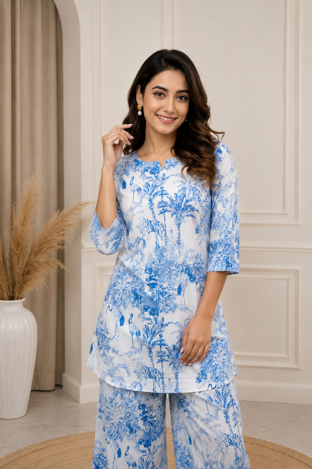 Women White Blue Printed Co-Ord Set with Flared Pants