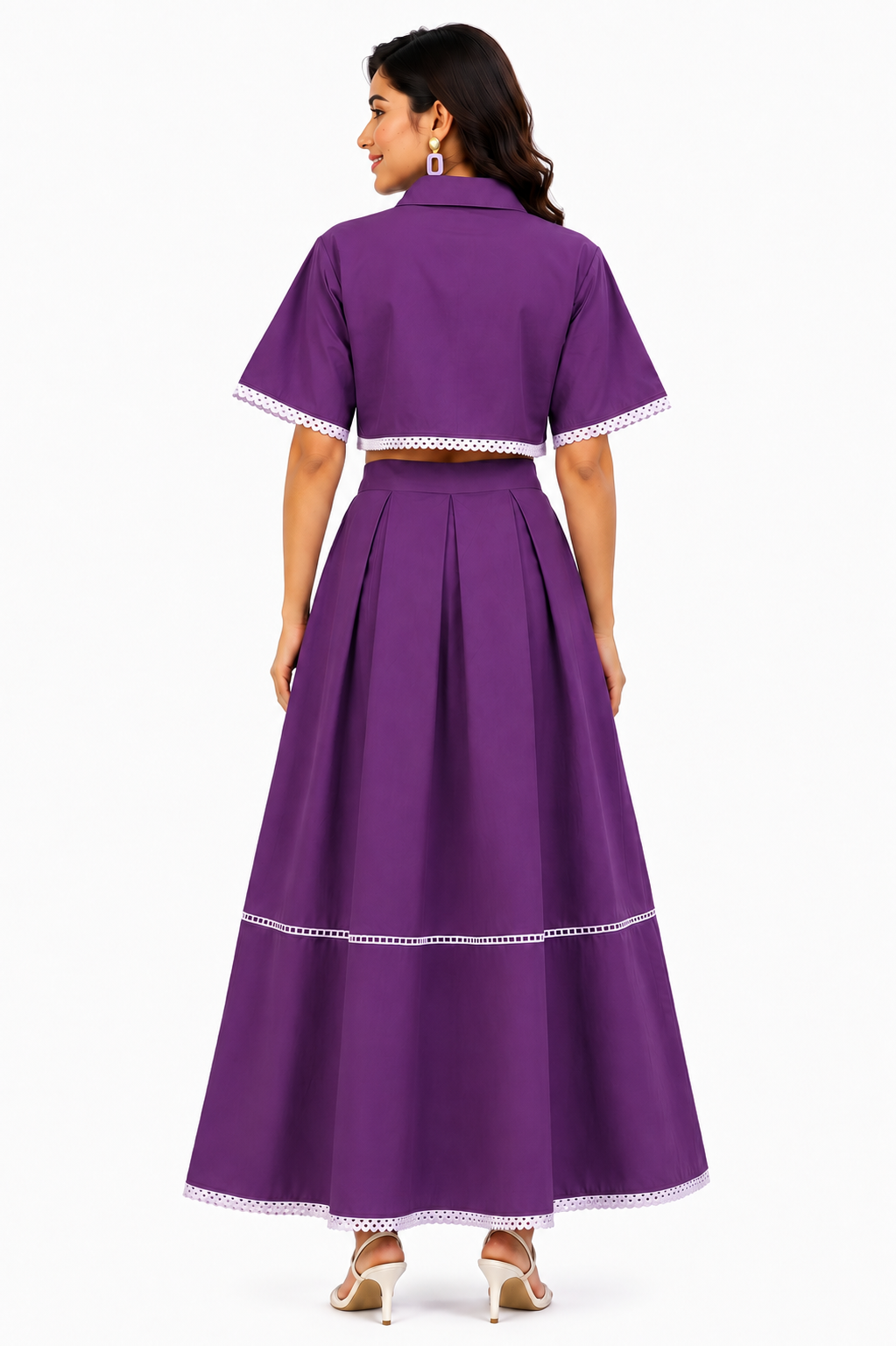 Women Purple Crop Shirt & Flared Maxi Skirt Co-Ord Set with Lace Detailing