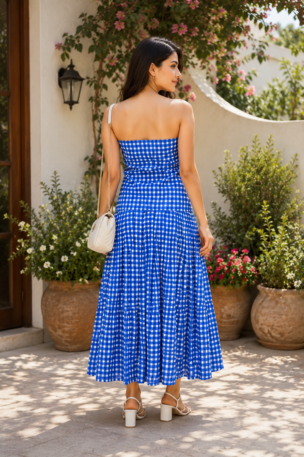 Women Blue Gingham Check Strapless Button Front Tiered Midi Dress