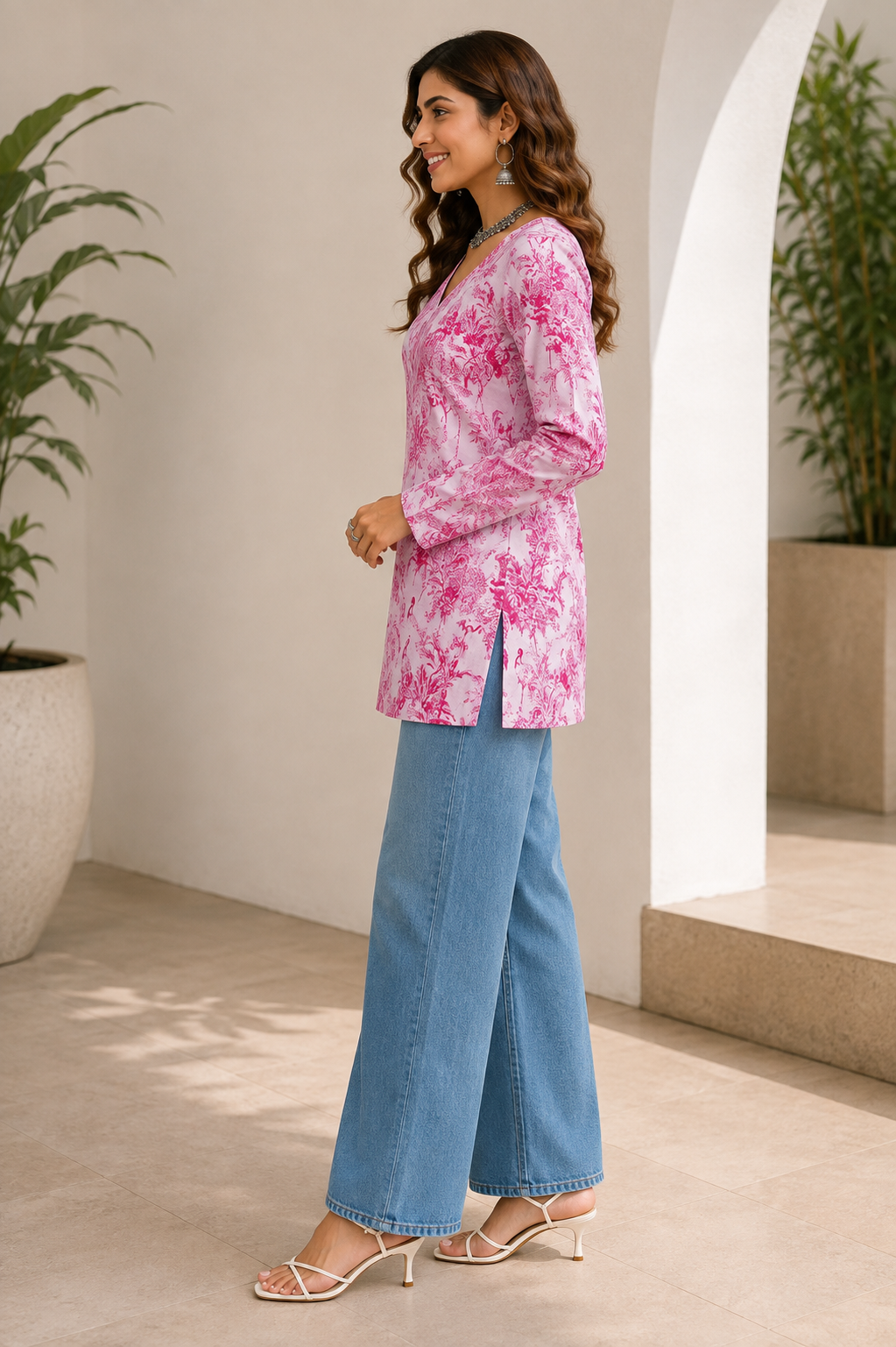 Women Pink Floral Printed V-Neck Long Sleeve Tunic Top