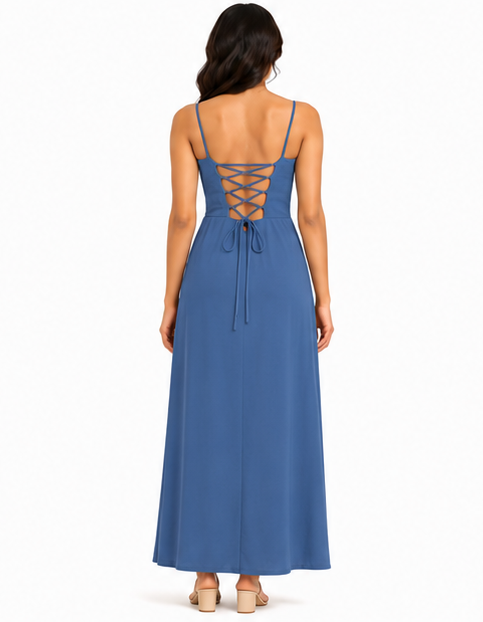 Women Blue Solid Spaghetti Strap Slit Maxi Dress