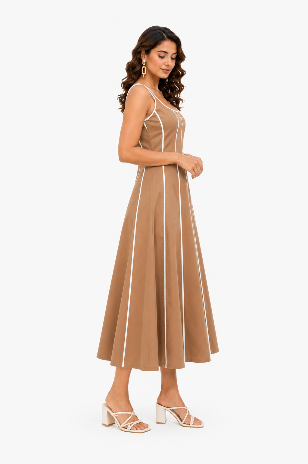 Women Brown A-Line Midi Dress with White Contrast Stripes