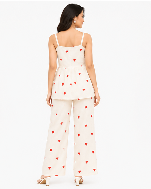 Women White Heart Printed Spaghetti Strap Peplum Top with Wide Leg Pants