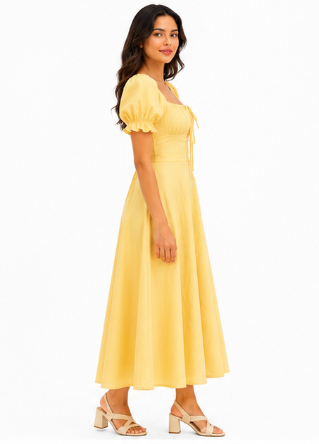 Women Yellow Solid Square Neck Puff Sleeve Fit and Flare Midi Dress