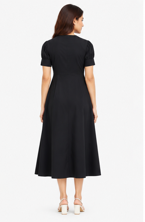 Women Black Solid Button Down Fit & Flare Midi Dress with Puff Sleeves
