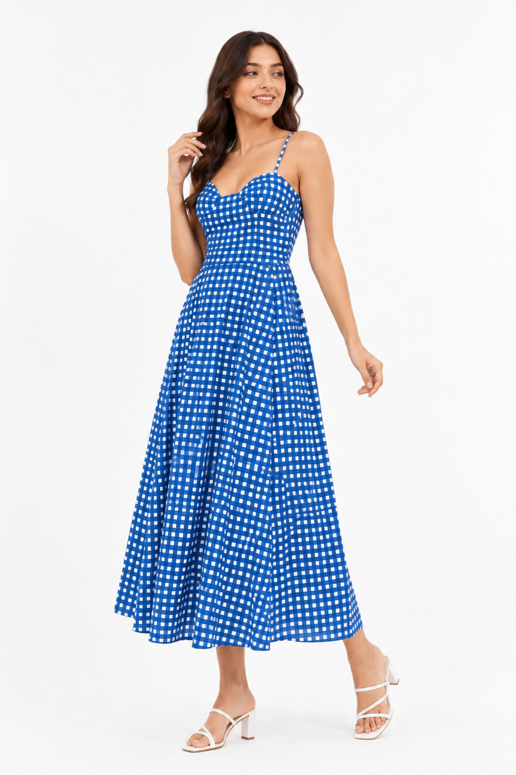 Women Blue Gingham Check Fit & Flare Midi Dress with Spaghetti Straps