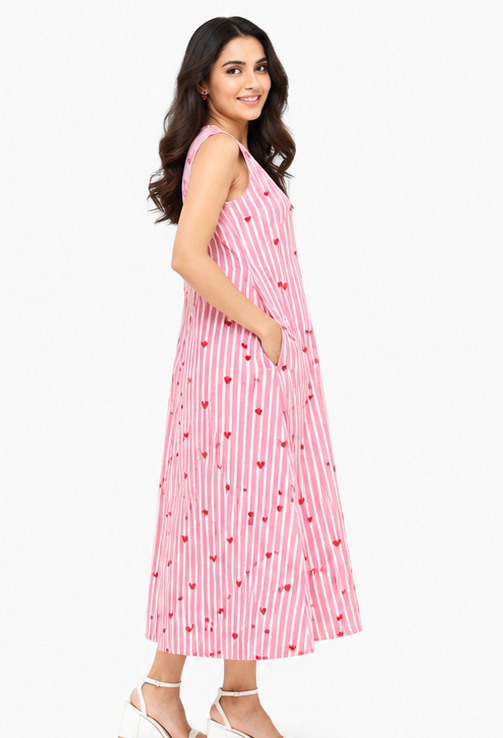 Women Pink Striped Heart Printed A-Line Midi Dress