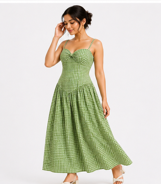 Women Green Gingham Check Maxi Dress with Twist Front Sweetheart Neck & Spaghetti Straps