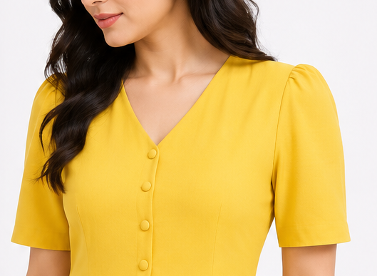 Women Yellow Embroidered Fit & Flare Midi Dress with V-Neck & Button Front