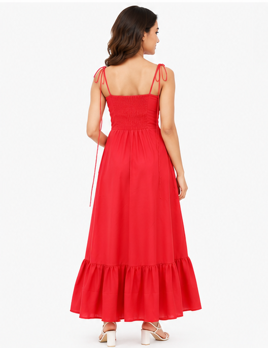 Women Red Solid Ruched Tie Strap Fit & Flare Tiered Maxi Dress