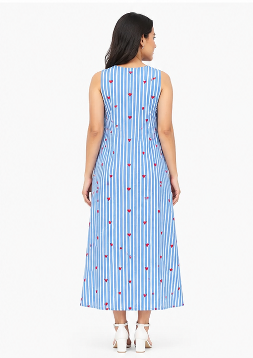 Women Blue Striped Heart Printed Sleeveless A-Line Midi Dress