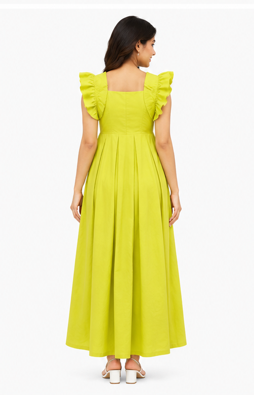 Women Lime Green Solid Square Neck Fit & Flare Maxi Dress