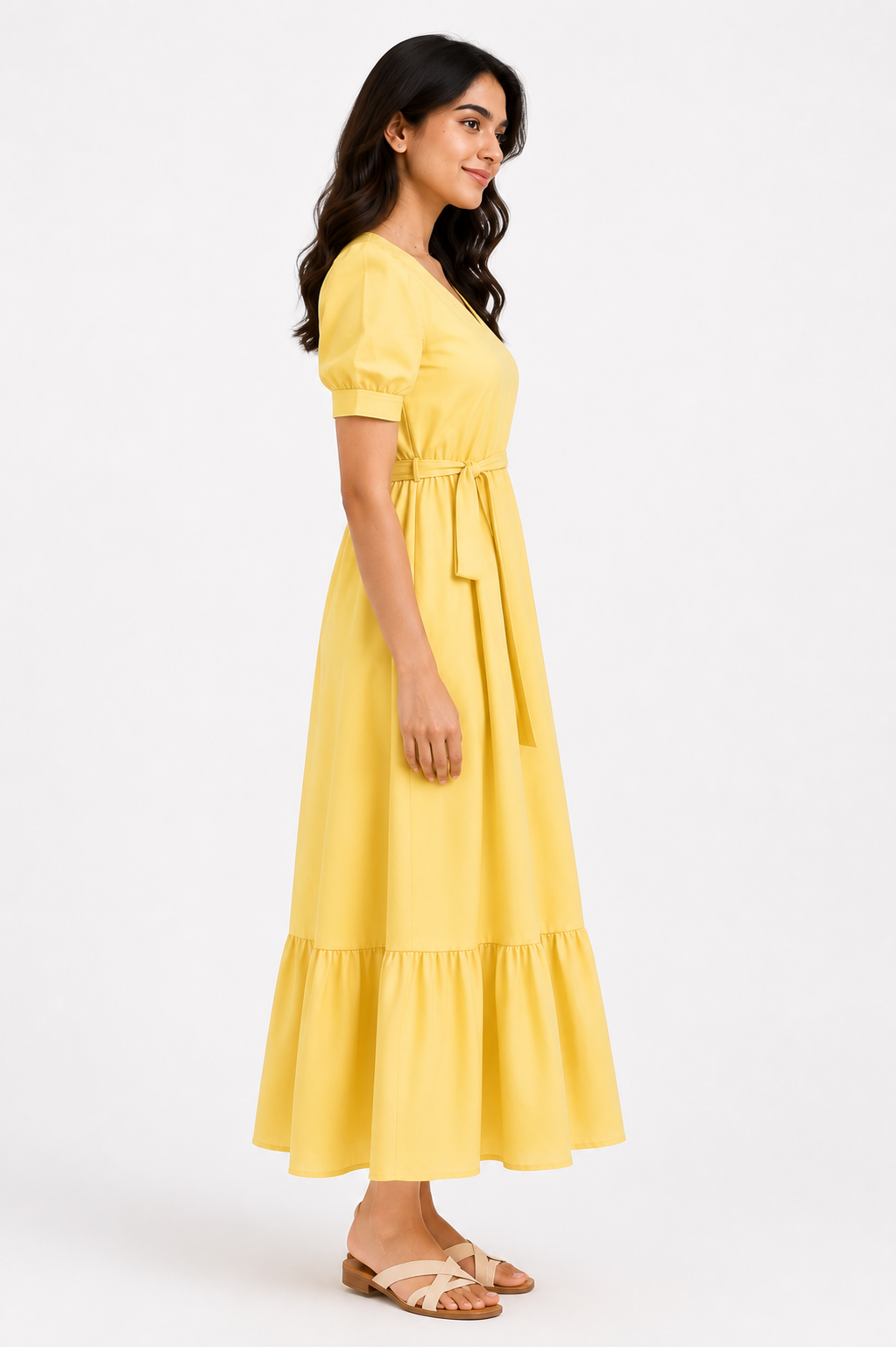 Women Yellow Solid V-Neck Fit & Flare Midi Dress with Puff Sleeves & Waist Tie
