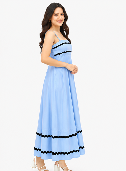 Women Light Blue Solid Contrast Trim Fit & Flare Tiered Maxi Dress