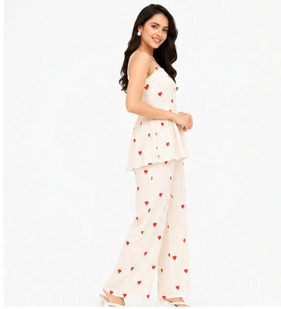 Women White Heart Printed Spaghetti Strap Peplum Top with Wide Leg Pants