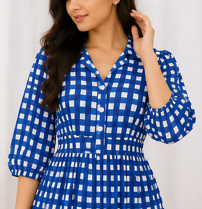 Women Blue Checked Tiered Maxi Dress with V-Neck, Button Front & 3/4 Sleeves