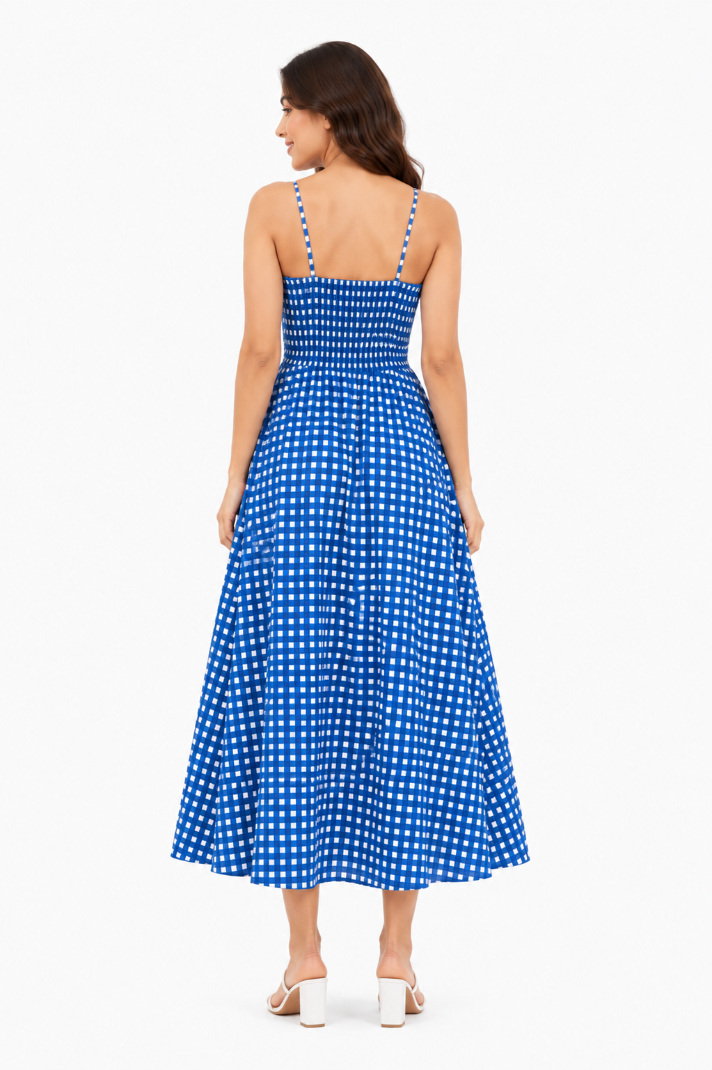 Women Blue Gingham Check Fit & Flare Midi Dress with Spaghetti Straps