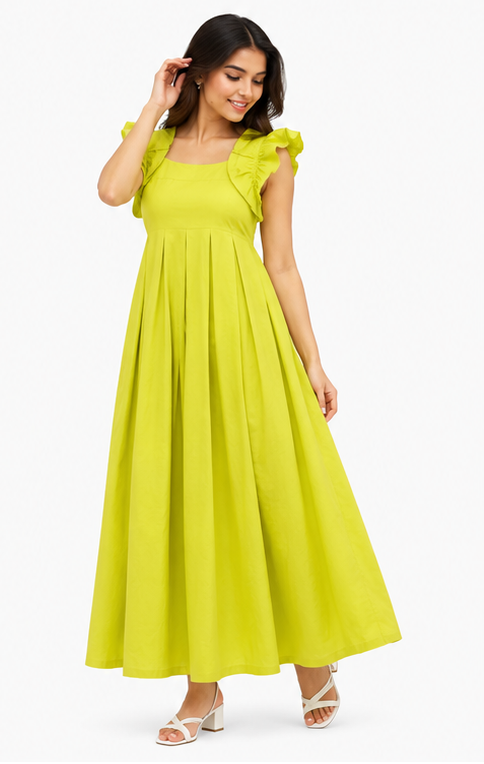 Women Lime Green Solid Square Neck Fit & Flare Maxi Dress
