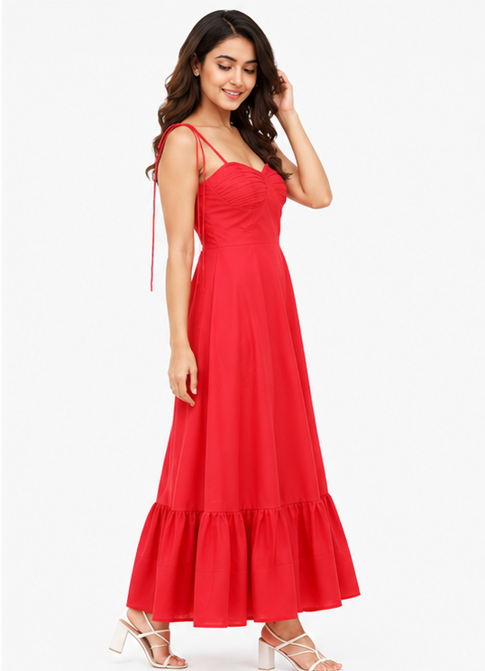 Women Red Solid Ruched Tie Strap Fit & Flare Tiered Maxi Dress