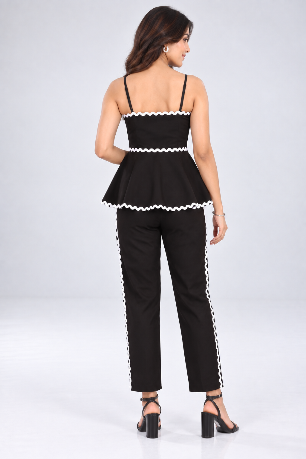 Women Black Peplum Co-Ord Set with White Contrast Trim & Pants