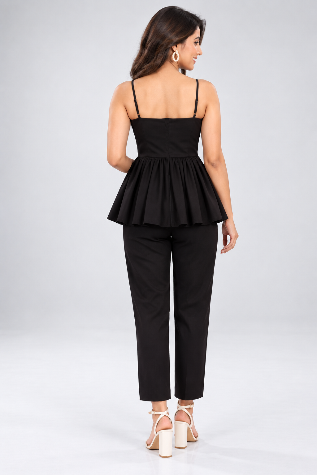 Women Black Peplum Top with Straight Fit Pants Co-Ord Set