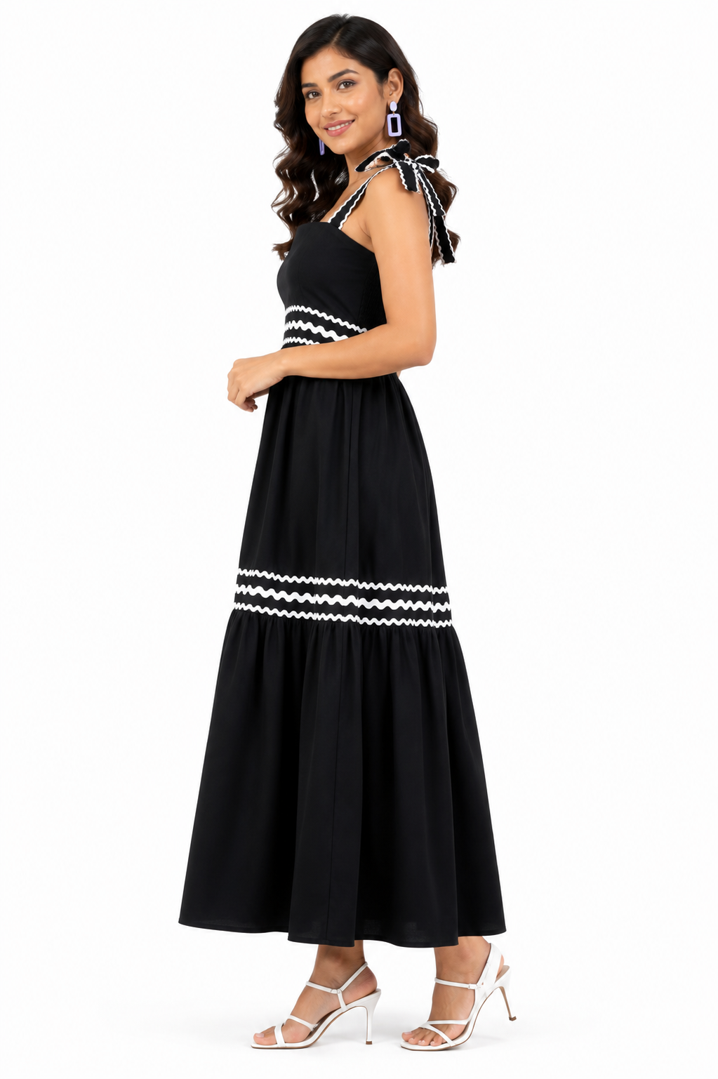 Women Black Maxi Dress with Contrast White Lace Detailing & Tie-Up Straps