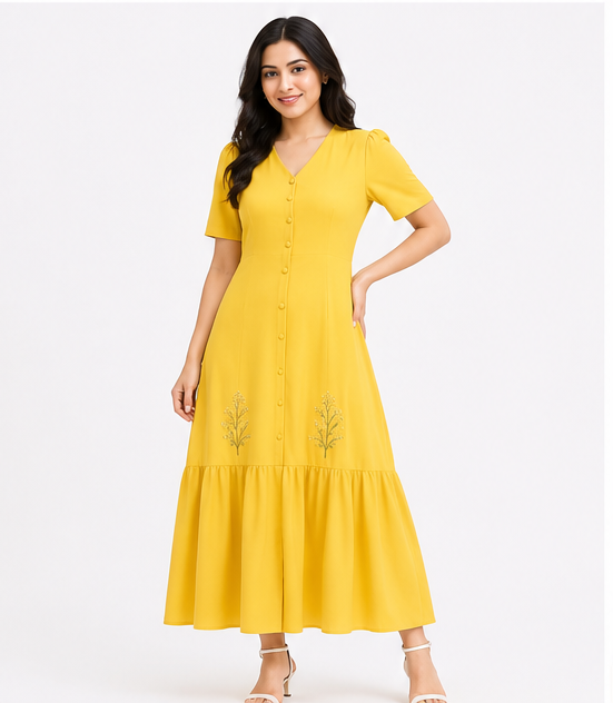 Women Yellow Embroidered Fit & Flare Midi Dress with V-Neck & Button Front