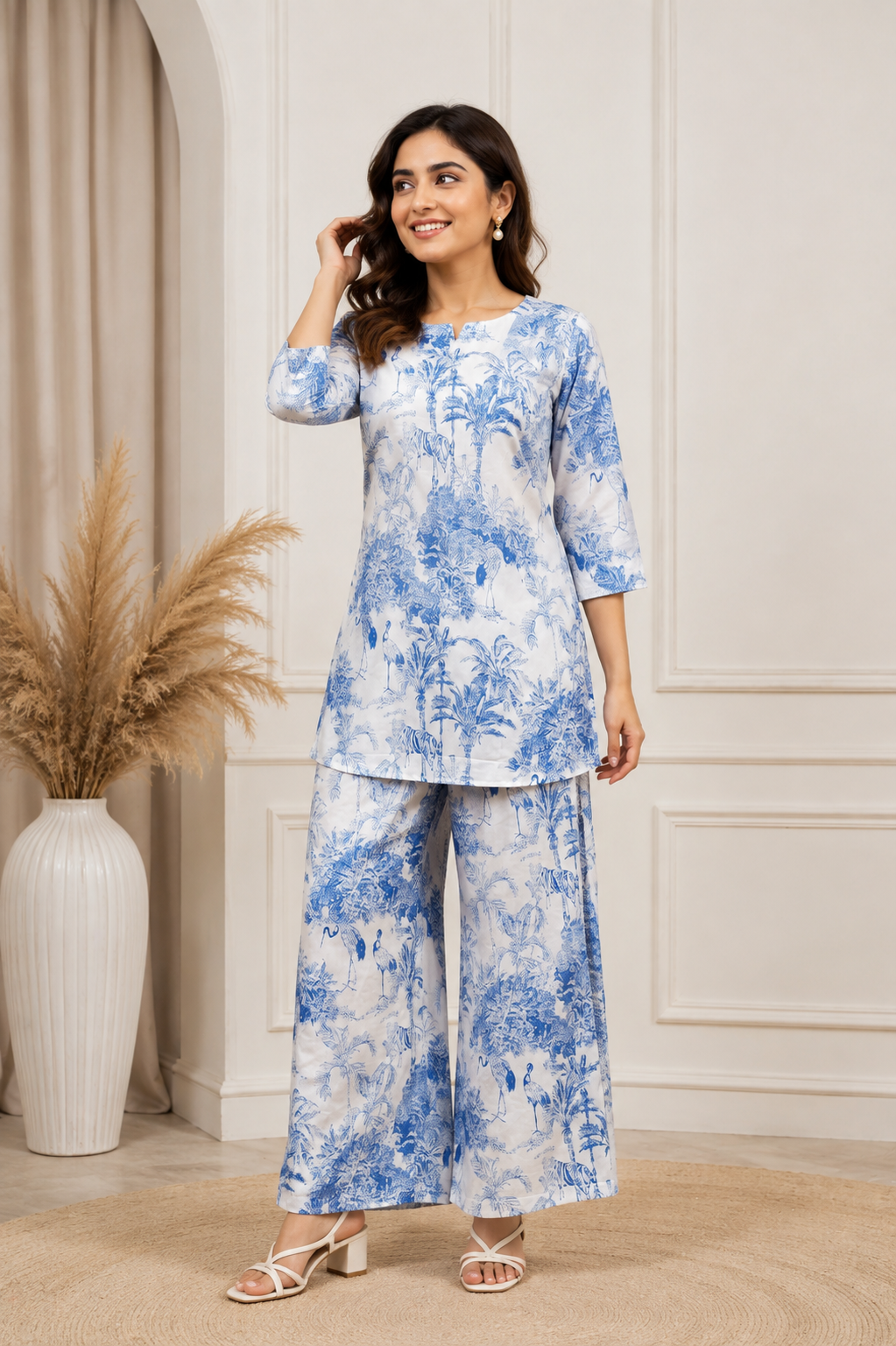 Women White Blue Printed Co-Ord Set with Flared Pants