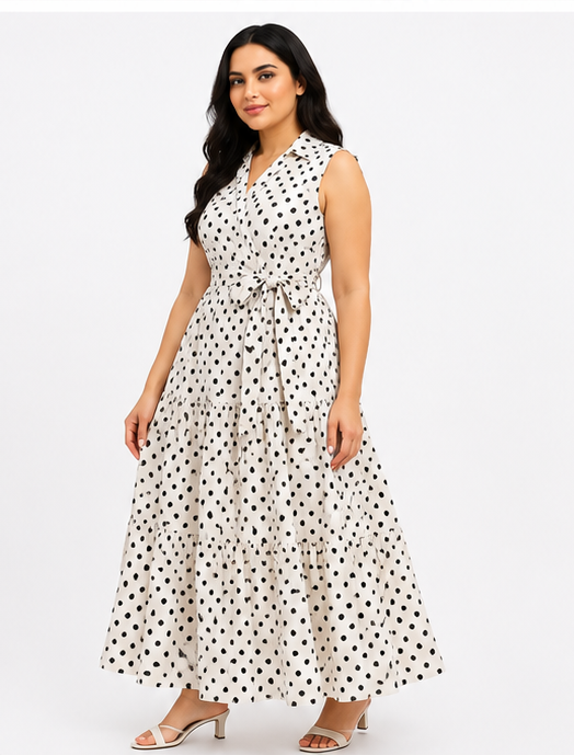 Women White & Black Polka Dot Tiered Maxi Dress with Collared Neck & Waist Tie Belt
