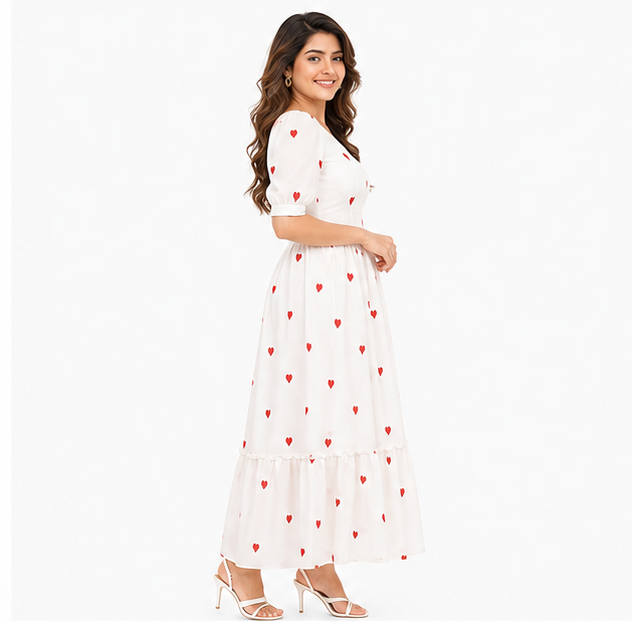 Women White Heart Printed V Neck Tiered Fit and Flare Midi Dress