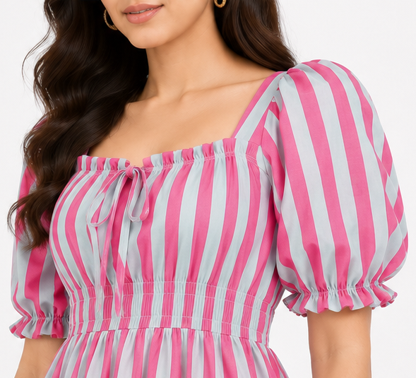 Women Pink and White Striped Midi Dress with Square Neck & Puff Sleeves