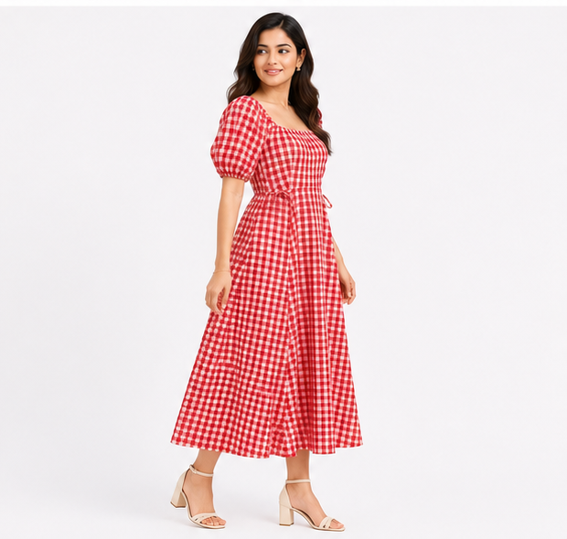 Women Red Gingham Check Midi Dress with Square Neck & Puff Sleeves