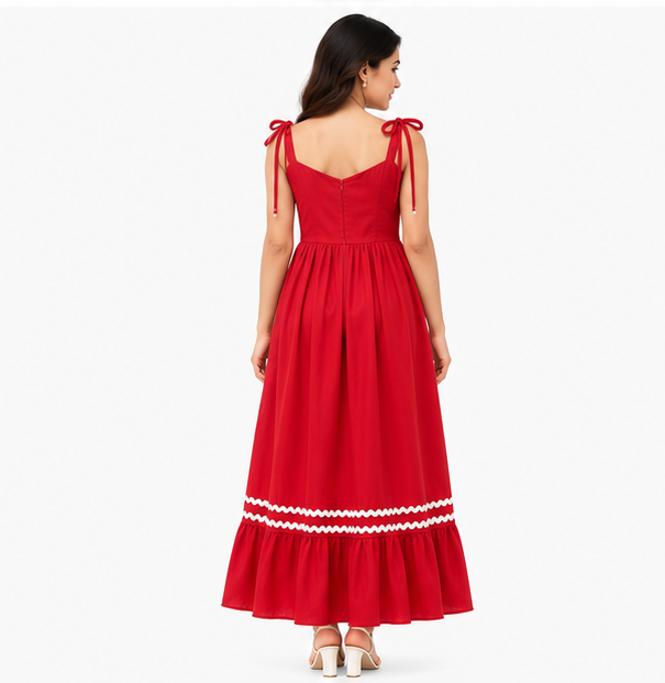 Women Red Solid Tie Strap Fit and Flare Tiered Midi Dress