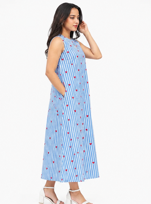 Women Blue Striped Heart Printed Sleeveless A-Line Midi Dress