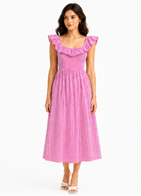 Women Pink Striped Printed Fit and Flare Midi Dress with Ruffle Neck