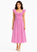 Women Pink Striped Printed Fit and Flare Midi Dress with Ruffle Neck