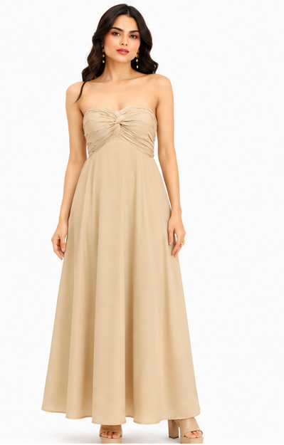 Women Beige Solid Strapless Ruched Maxi Dress