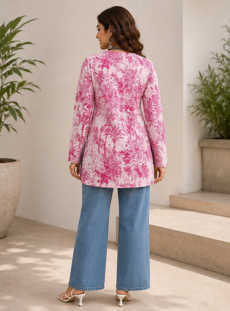 Women Pink Floral Printed V-Neck Long Sleeve Tunic Top