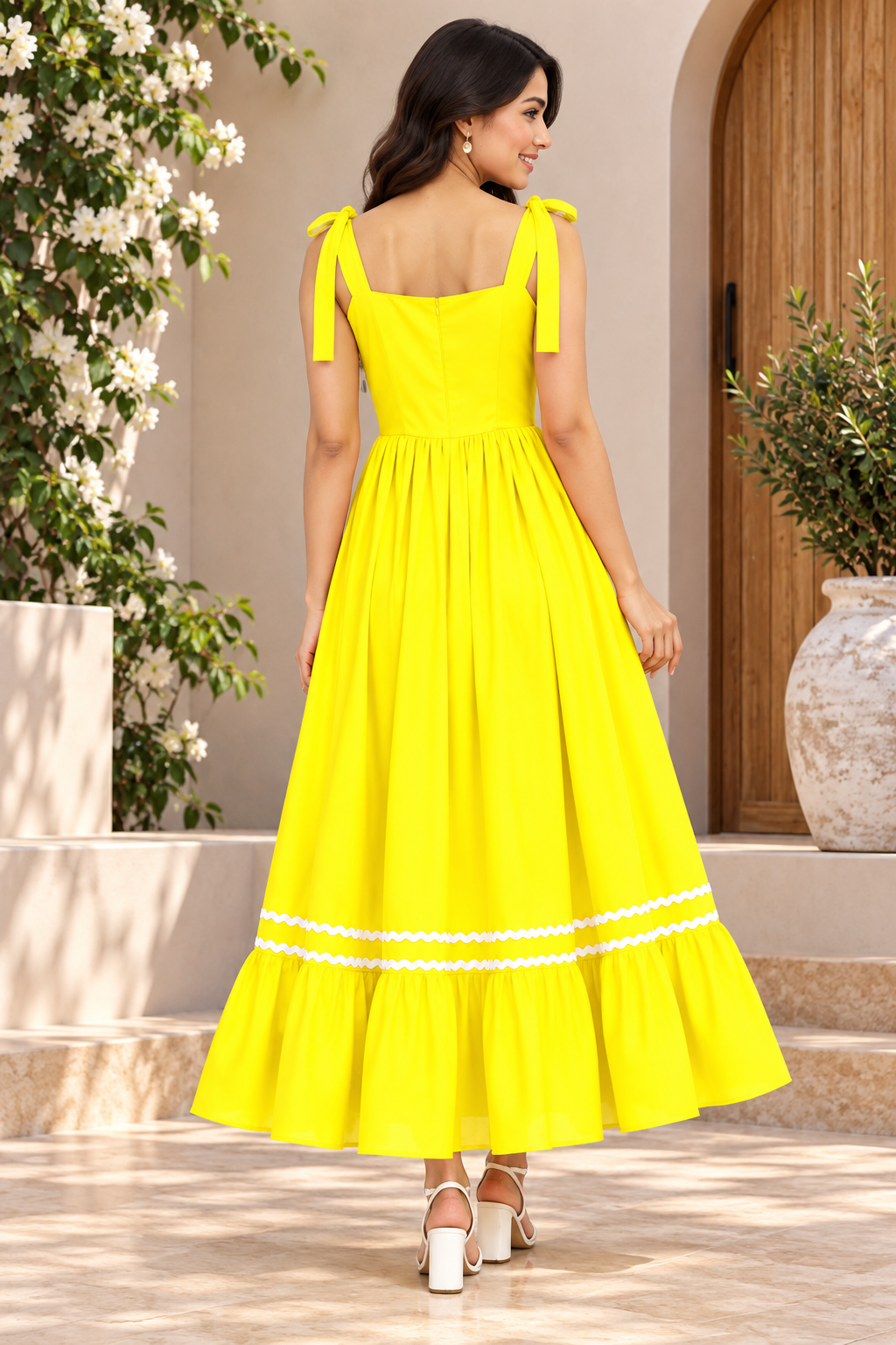 Women Yellow Solid Tie Strap Tiered Fit & Flare Maxi Dress with Contrast Trim