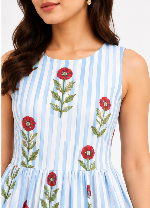 Women Blue Striped Floral Print Fit & Flare Maxi Dress – Sleeveless Summer Dress
