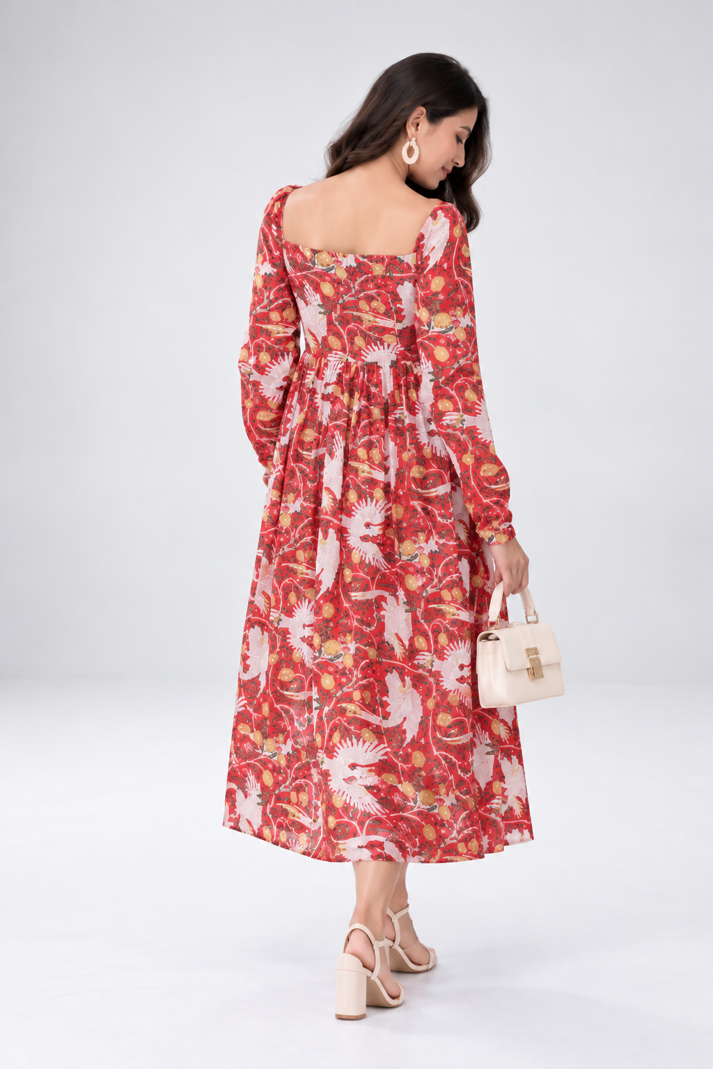 Women Red Floral Printed Midi Dress with V-Neck & Long Sleeves