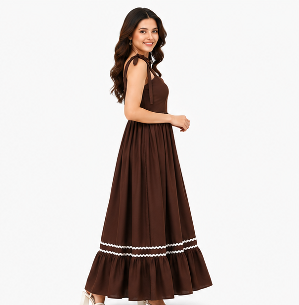 Women Brown Solid Tie Strap Fit & Flare Tiered Midi Dress