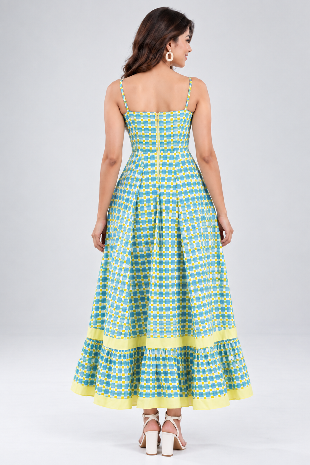 Women Blue & Yellow Gingham Check Fit & Flare Midi Dress with Ruffle Hem