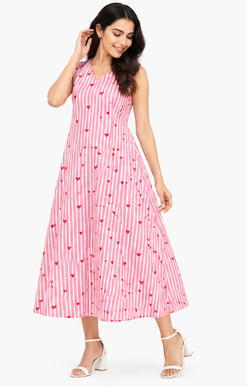Women Pink Striped Heart Printed A-Line Midi Dress