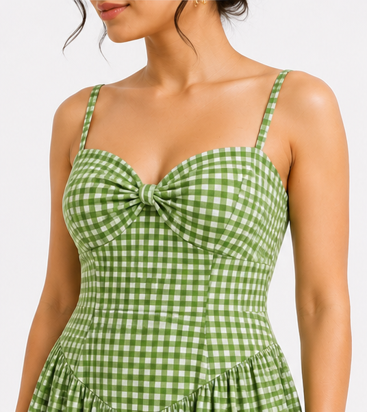 Women Green Gingham Check Maxi Dress with Twist Front Sweetheart Neck & Spaghetti Straps