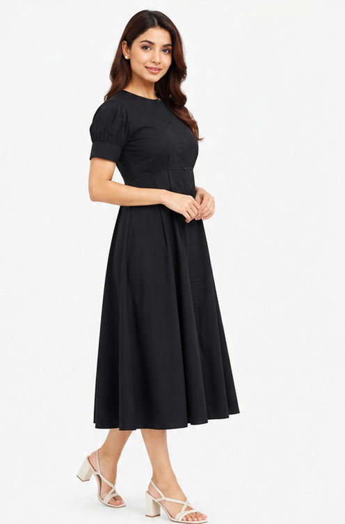 Women Black Solid Button Down Fit & Flare Midi Dress with Puff Sleeves